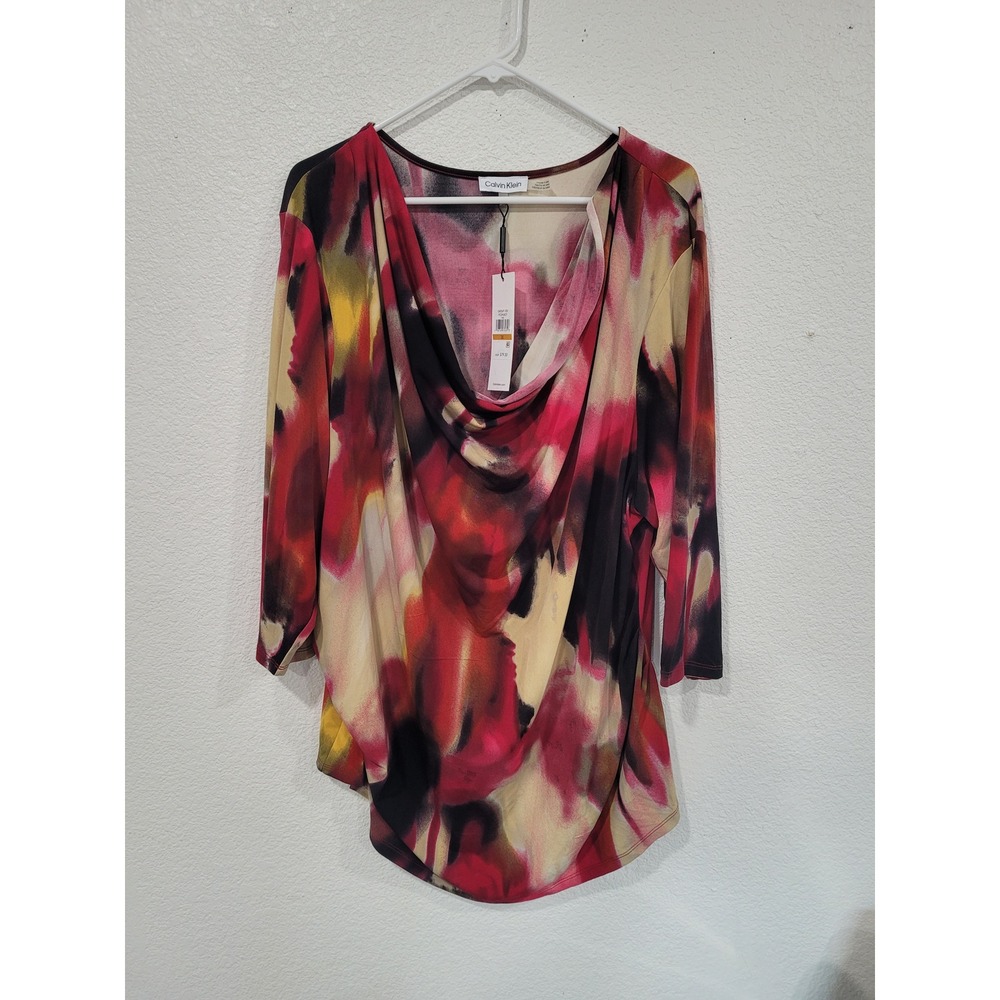 Calvin Klein Womens Multi‎ Color Abstract Print Cowl Neck 3/4 Sleeve Top 3X #C